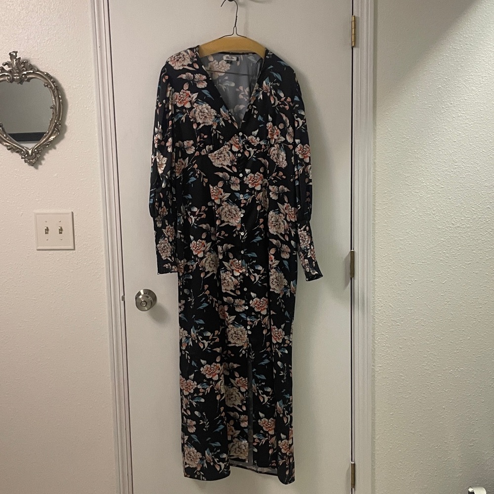 Chi Chi London Blue and Peach Floral Satin Dress